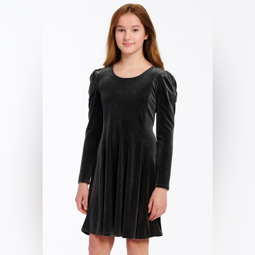 Zunie Girls Velvet Puff Sleeve Dress Gray Holiday‎ Party Formal NWOT